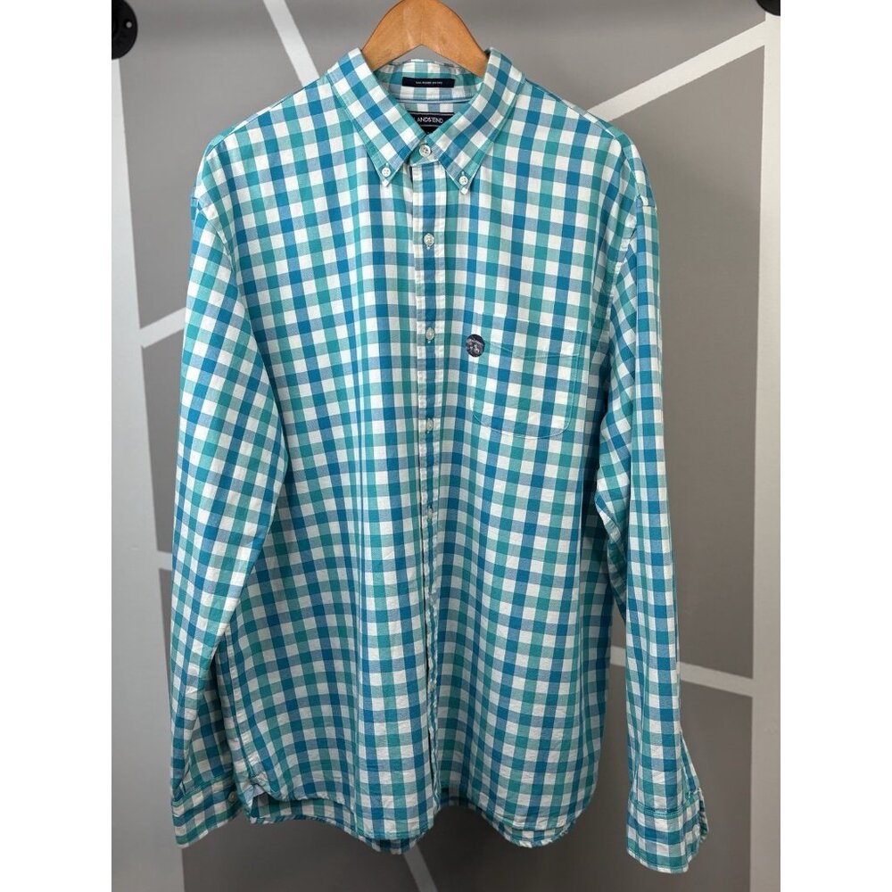 Lands' End Sail Rigger Oxford Teal Multicheck Button Shirt Mens XL 17-17.5 NWT